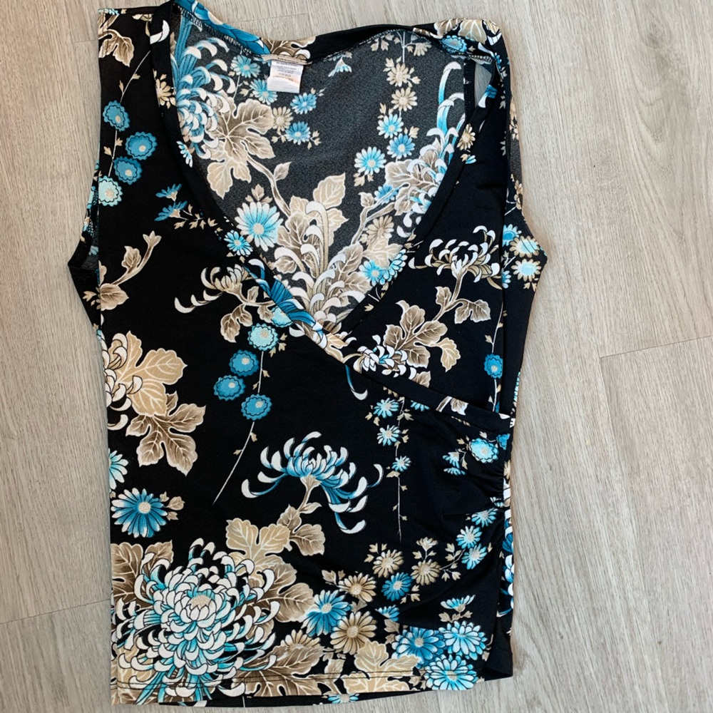 Black and Blue Wrap Tank Top with Floral Design